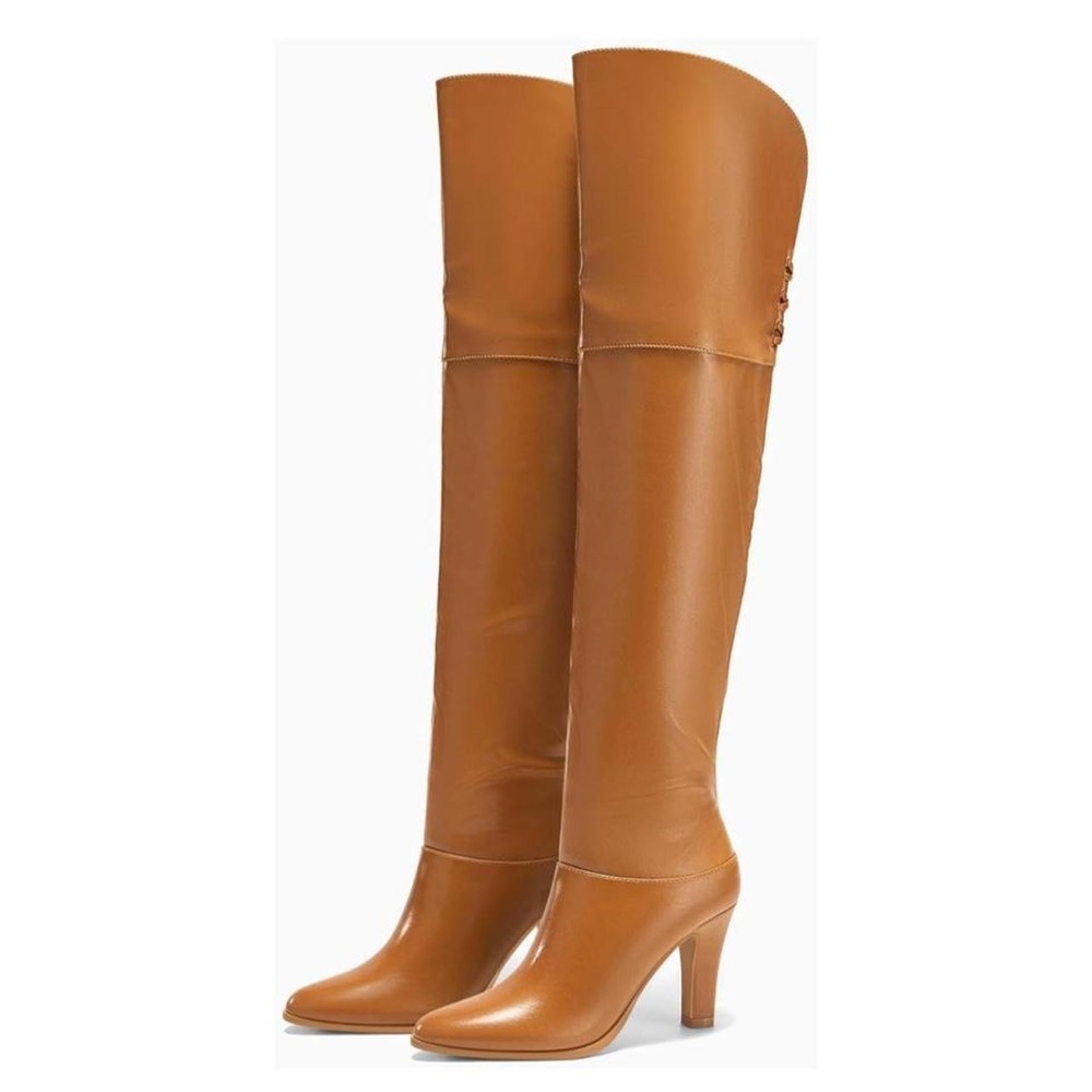 Coutgo Womens Thigh High Boots Pointed Toe Chunky Heel Wide Calf